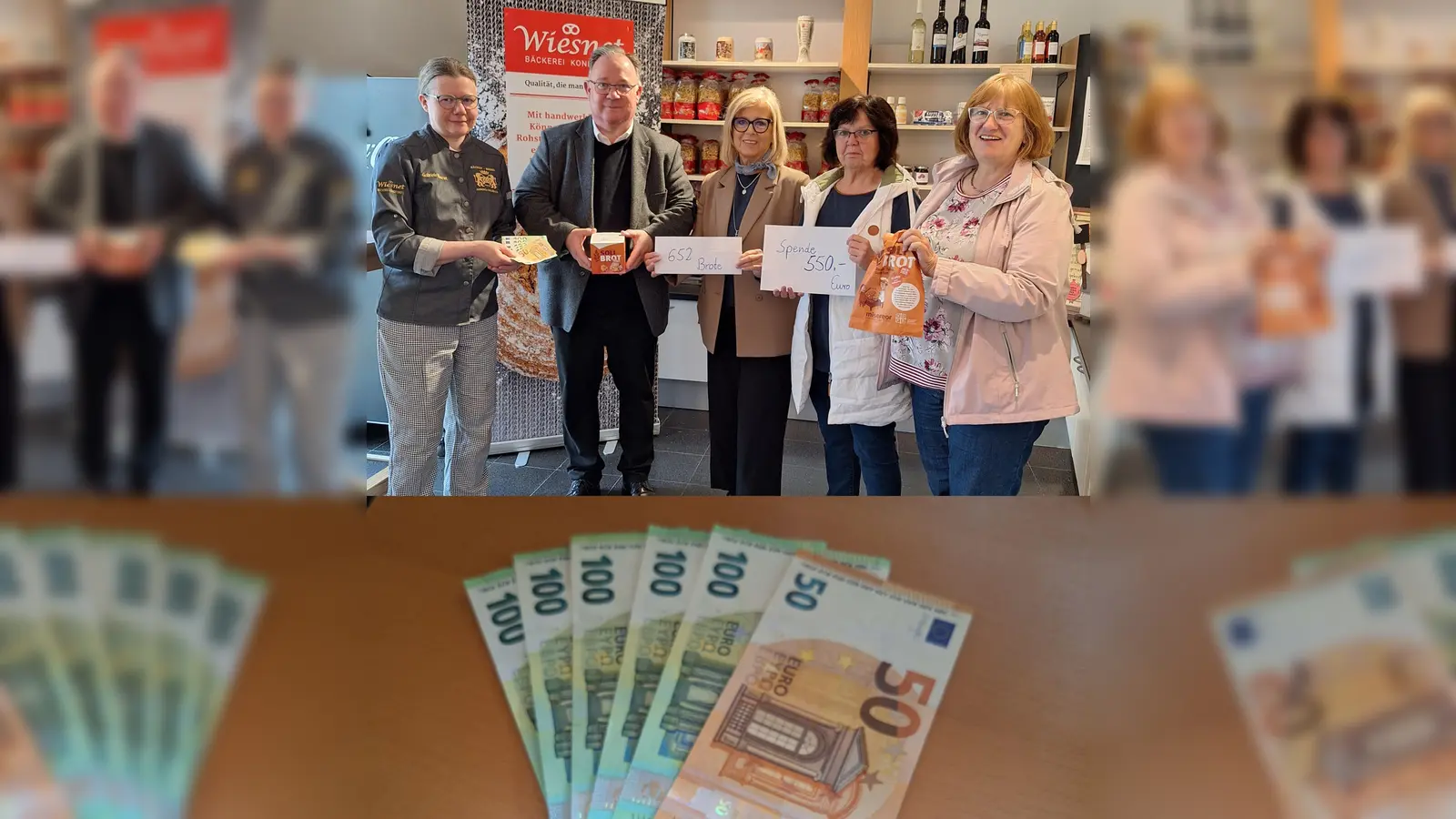Freudige Gesichter bei der Bekanntgabe des Erlöses für Solibrot-Aktion.<br>Gabi Wiesnet (Bäckermeisterin) Pfarrer Michael Birner, Margit Köpnik, Lisa Adam und Margarete Hirsch freuen sich über die gelungene Aktion. (Bild: Margarete Hirsch)