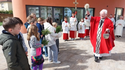 Stadtpfarrer Gottfried Schubach segnet die Palmbuschen der Gläubigen.  (Bild: Helmut Kunz)