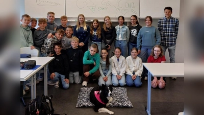 Die Klasse 6d des Stiftland-Gymnasiums mit Mathelehrer Silas Müller und Schulhündin Caya  (Bild: Silas Müller )
