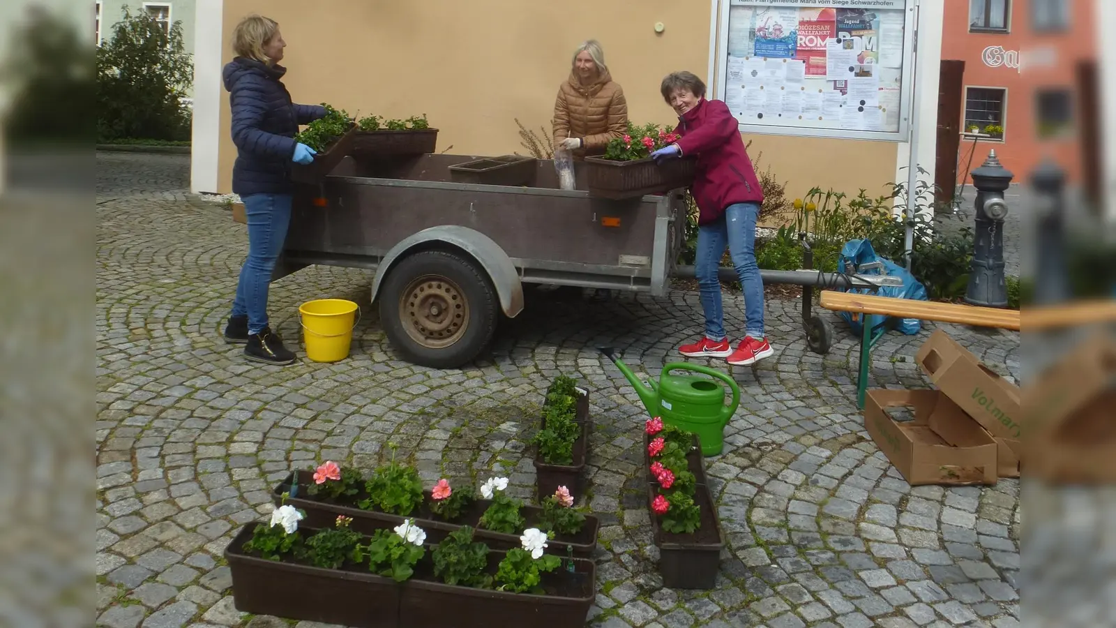 Fleißige Helferinnen verschönern den Marktplatz.  (Bild: Adolf Mandl)
