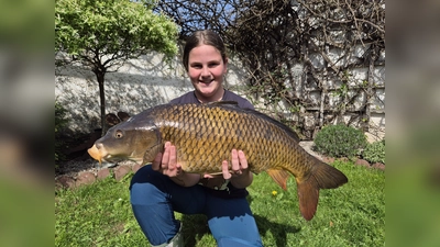 7,5 Kilogramm wiegt dieser Karpfen, den Leonie Siebert an Land zog. (Bild: Jennifer König/exb)