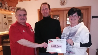 Im vergangenen Jahr 2024 sammelte der Förderkreis der DJK Falkenberg 3.655 Euro an Spenden ein. Bei der Mitgliederversammlung übergaben die beiden <br>Förderkreissprecher Wolfgang Meister (links) und Alexandra Hasenfürter (rechts) den Betrag symbolisch an den 1. Vorsitzenden der DJK, Wolfgang Knoll (Bildmitte).<br> (Bild: Hubert Mark)