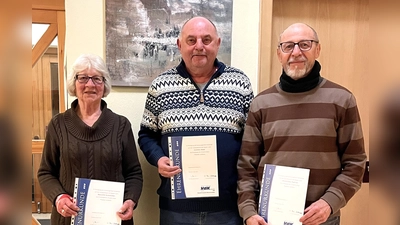 Ihre herausragenden Verdienste um den Sozialverband VdK Bayern wurden gewürdigt: V.l.n.r. Brigitte Schneider (20 Jahre), Ludwig Hirn und Wolfgang Panten (10 Jahre).<br> (Bild: Antonia Knab)
